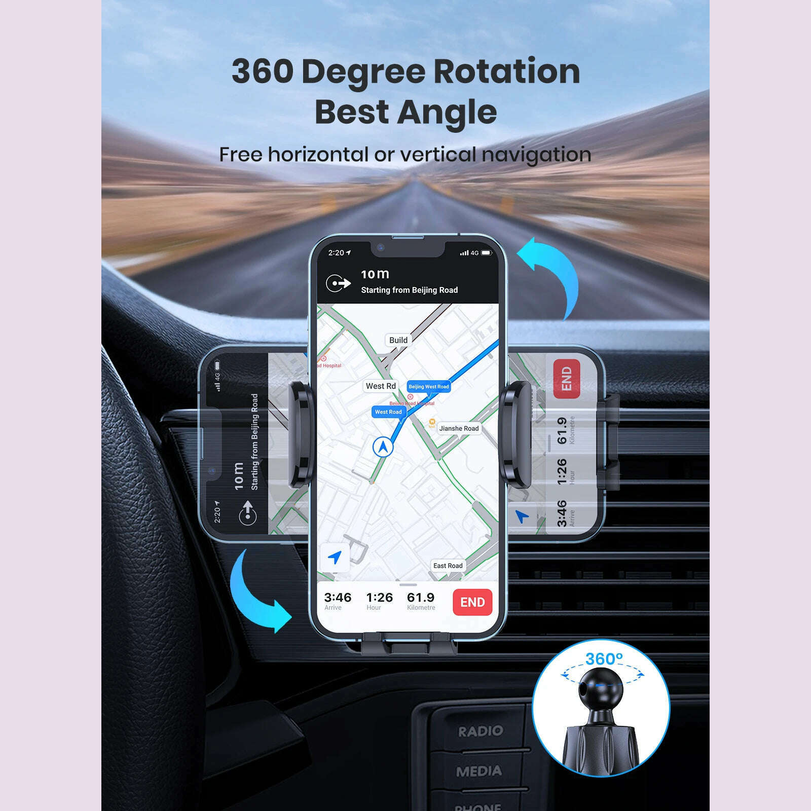 TOPK D35-S Car Phone Holder, Universal Phone Mount for Car with Hook Clip Air Vent Car Mount 360° Rotation for Mobile Phones - KIMLUD