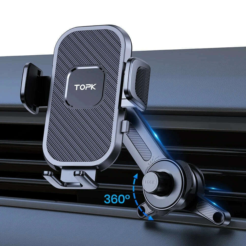 TOPK D38T Car Phone Holder, Superior Stability Extended Arm 3-Point Support Extendable Metal Hook Phone Stand for Cars - KIMLUD