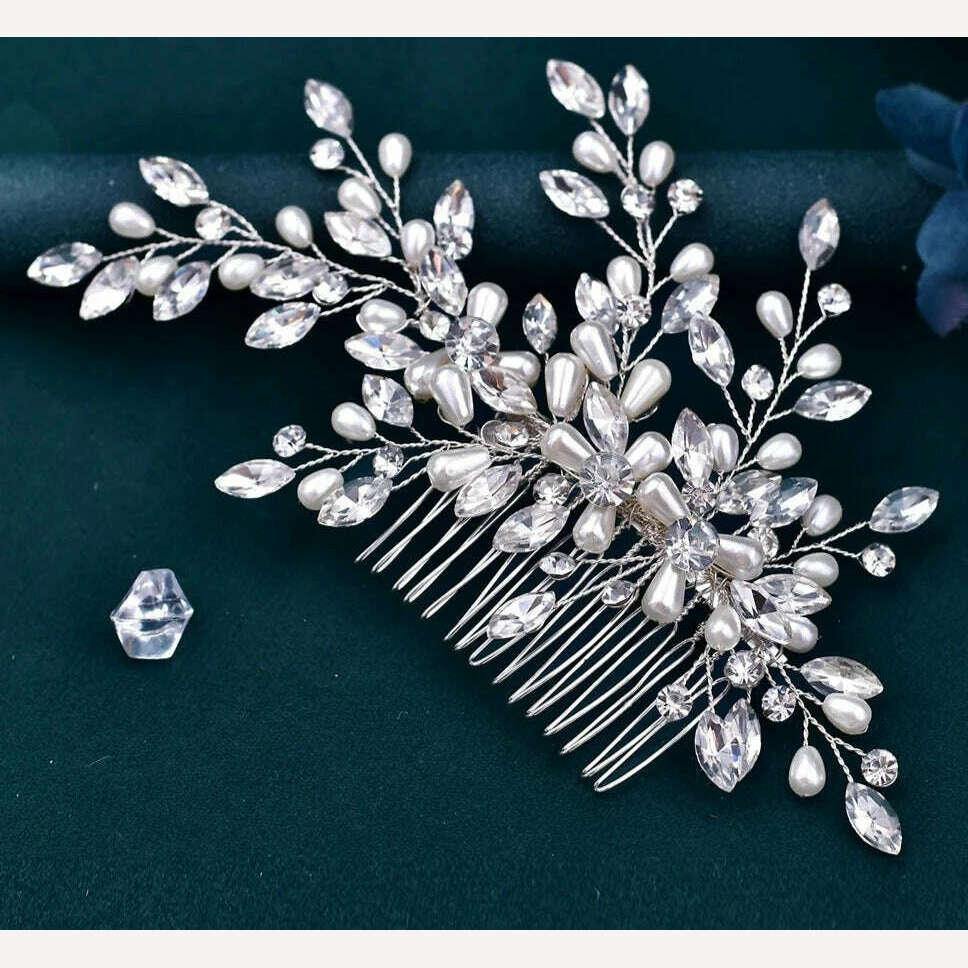 KIMLUD, TOPQUEEN HP135 Wedding Hair Comb Bridal Hair Ornaments Crystal Pearl Beaded Hair Clip Hair Accessories Handmade Women Tiara, KIMLUD Womens Clothes
