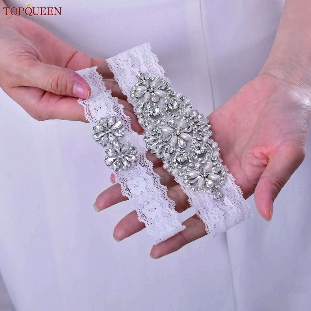 TOPQUEEN Sexy Girls Garter Set White Lace Bridal for Women Silver Rhinestone Belt Black Wedding Garters for Bride Dress S76 - KIMLUD