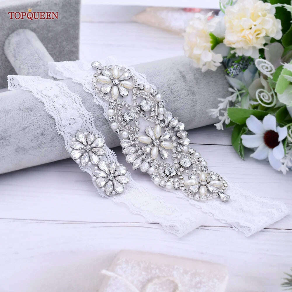 TOPQUEEN Sexy Girls Garter Set White Lace Bridal for Women Silver Rhinestone Belt Black Wedding Garters for Bride Dress S76 - KIMLUD