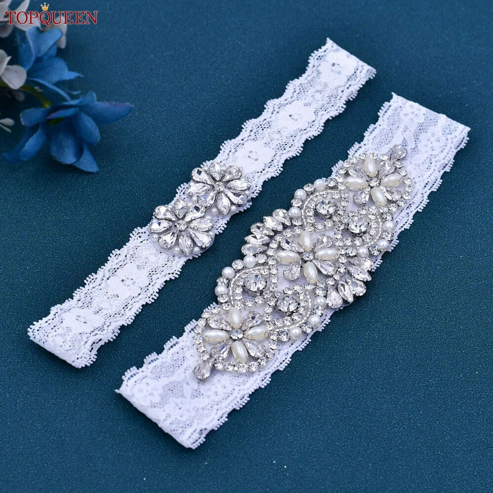 TOPQUEEN Sexy Girls Garter Set White Lace Bridal for Women Silver Rhinestone Belt Black Wedding Garters for Bride Dress S76 - KIMLUD