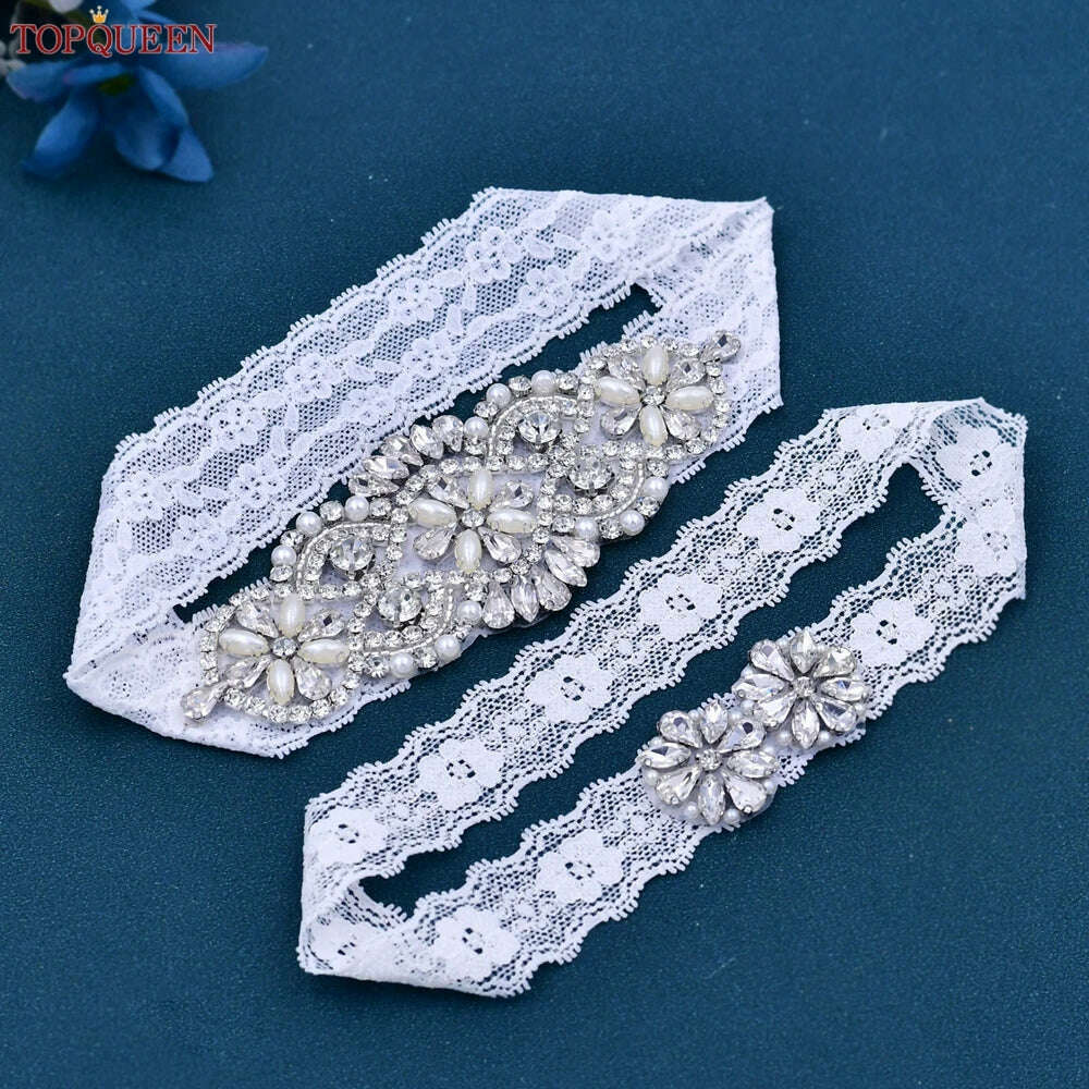 TOPQUEEN Sexy Girls Garter Set White Lace Bridal for Women Silver Rhinestone Belt Black Wedding Garters for Bride Dress S76 - KIMLUD