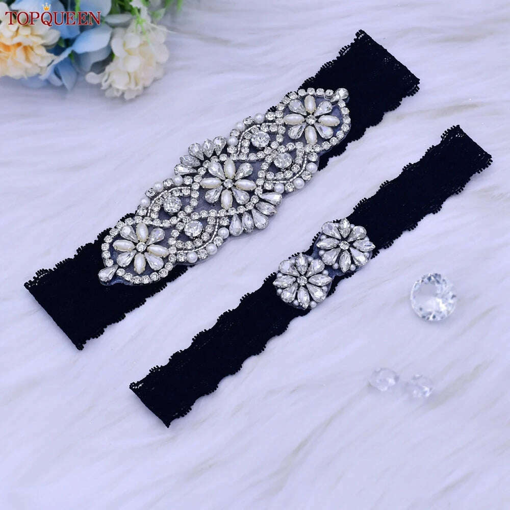 TOPQUEEN Sexy Girls Garter Set White Lace Bridal for Women Silver Rhinestone Belt Black Wedding Garters for Bride Dress S76 - KIMLUD