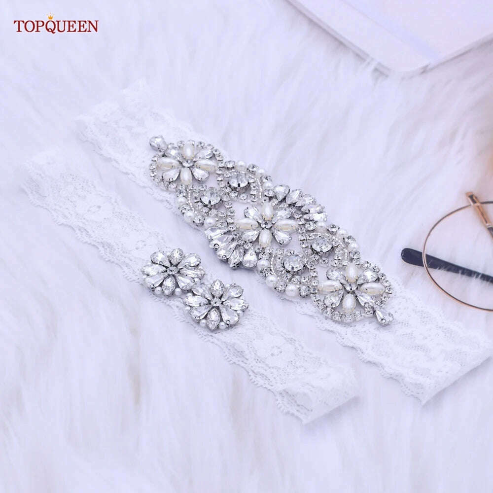 TOPQUEEN Sexy Girls Garter Set White Lace Bridal for Women Silver Rhinestone Belt Black Wedding Garters for Bride Dress S76 - KIMLUD