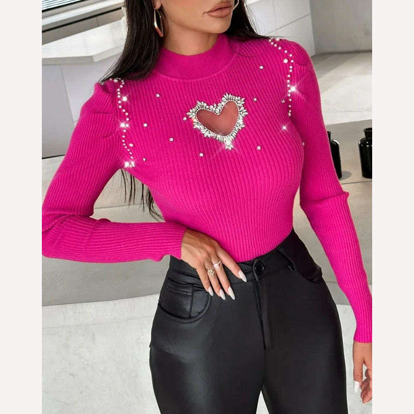 KIMLUD, Tops for Women 2023 Winter Blouse Casual Solid Color Rhinestone Hollow Heart Knit Long Sleeve Pullover Skinny Sweater for Women, A / S, KIMLUD Women's Clothes