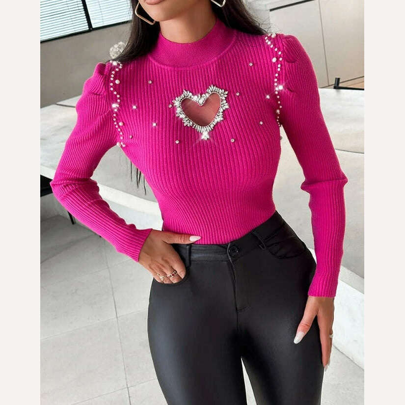 KIMLUD, Tops for Women 2023 Winter Blouse Casual Solid Color Rhinestone Hollow Heart Knit Long Sleeve Pullover Skinny Sweater for Women, KIMLUD Womens Clothes
