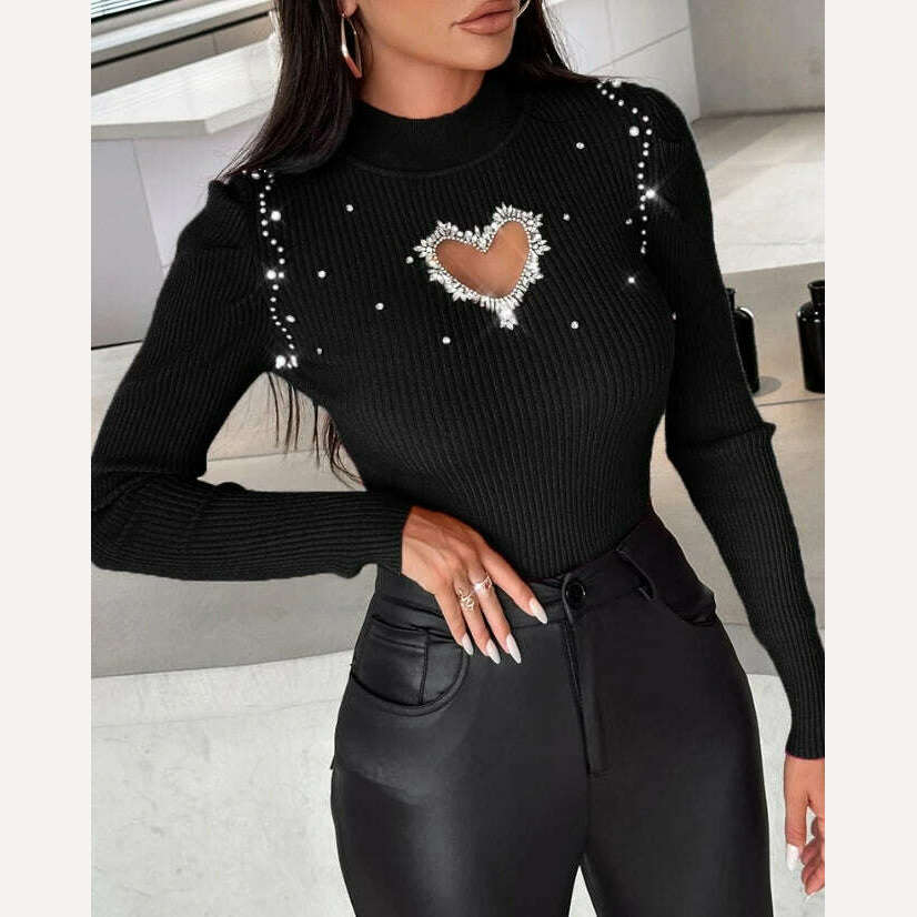 KIMLUD, Tops for Women 2023 Winter Blouse Casual Solid Color Rhinestone Hollow Heart Knit Long Sleeve Pullover Skinny Sweater for Women, B / S, KIMLUD Womens Clothes