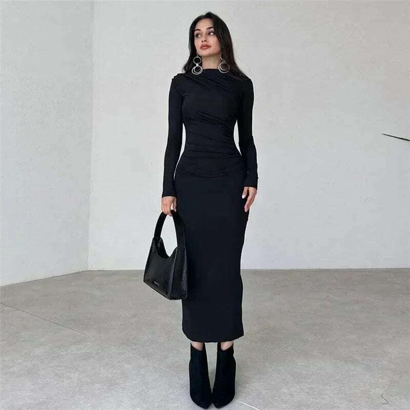 KIMLUD, Tossy Fashion Pleated Autumn Dress Patchwork Elegant Women Long Sleeve Solid Vestidos Slim High Waist Bodycon Maxi Dress 2023, KIMLUD Womens Clothes