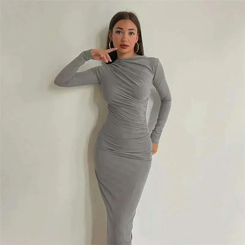 KIMLUD, Tossy Fashion Pleated Autumn Dress Patchwork Elegant Women Long Sleeve Solid Vestidos Slim High Waist Bodycon Maxi Dress 2023, KIMLUD Womens Clothes