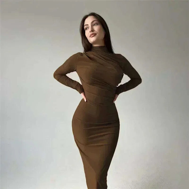 KIMLUD, Tossy Fashion Pleated Autumn Dress Patchwork Elegant Women Long Sleeve Solid Vestidos Slim High Waist Bodycon Maxi Dress 2023, KIMLUD Womens Clothes