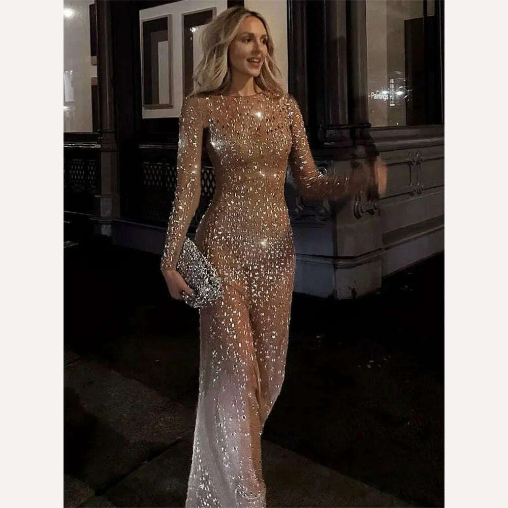 Tossy Glitter Female Cover up Maxi Dress Mesh See-Through Split Fashion  Long Sleeve Slim Beach Cover up Dress For Women
