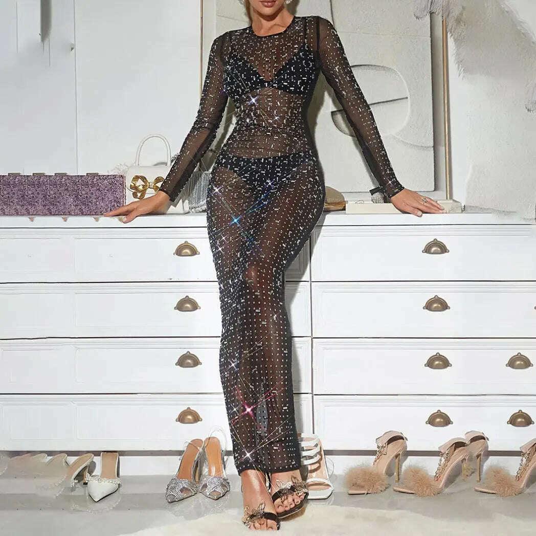 KIMLUD, Tossy Glitter Female Cover up Maxi Dress Mesh See-Through Split Fashion Long Sleeve Slim Beach Cover up Dress For Women, KIMLUD Womens Clothes