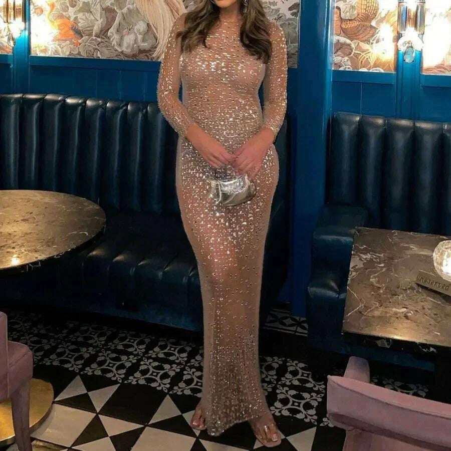 KIMLUD, Tossy Glitter Female Cover up Maxi Dress Mesh See-Through Split Fashion Long Sleeve Slim Beach Cover up Dress For Women, KIMLUD Womens Clothes