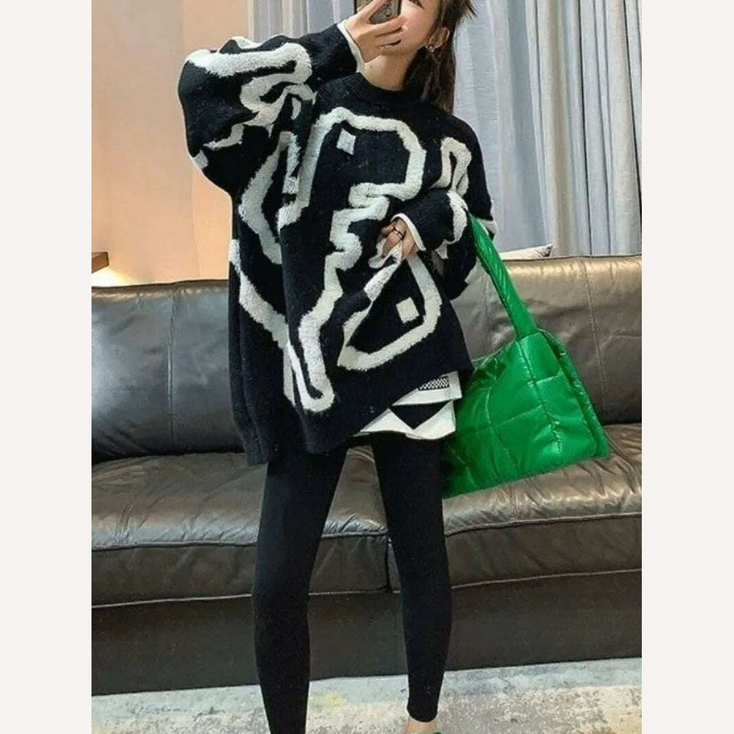 KIMLUD, Towel Embroidery Thickened Sweater Women's 2023 Winter New Korean Version Thickened Loose Round Neck Medium Long Coat Knitwear, KIMLUD Womens Clothes