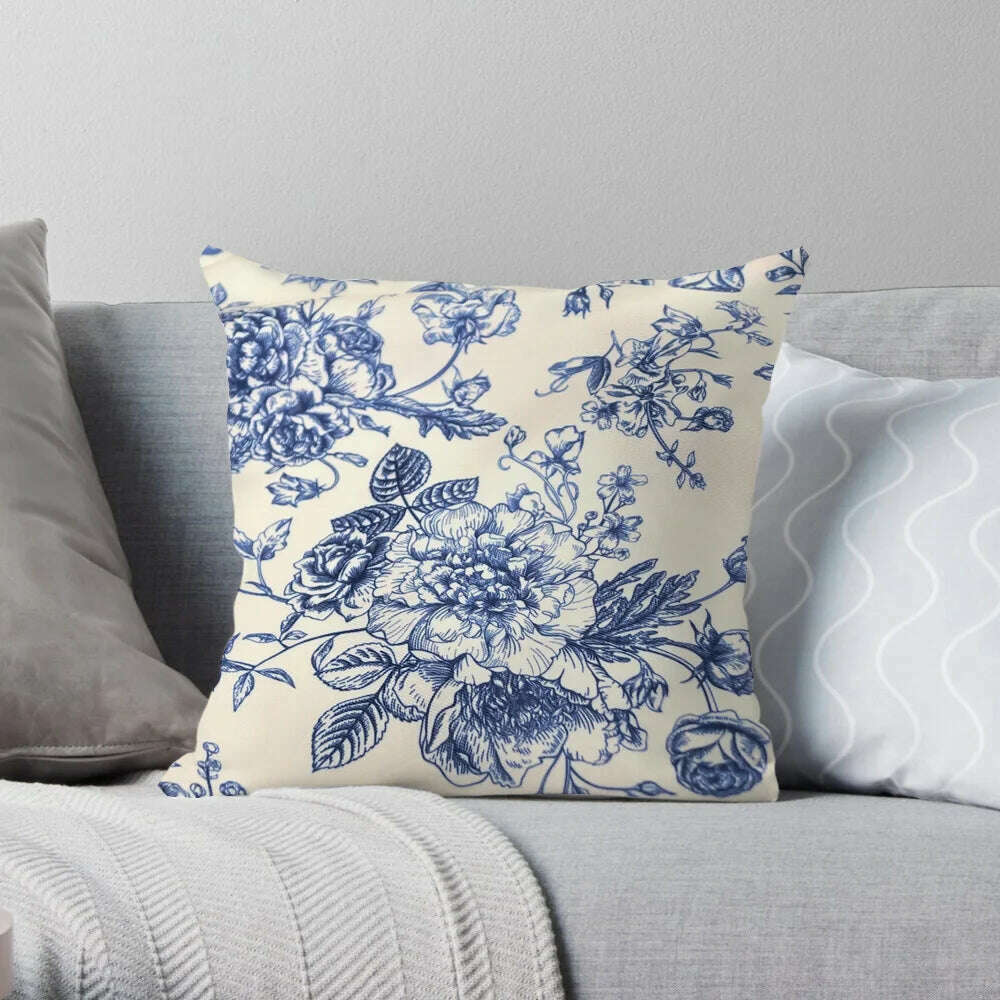KIMLUD, Traditional Classic French Toile De Jouy Motif Design Pattern Navy Blue Elegant Retro Cushion Cover Home Decor Sofa Pillow Case, KIMLUD Womens Clothes