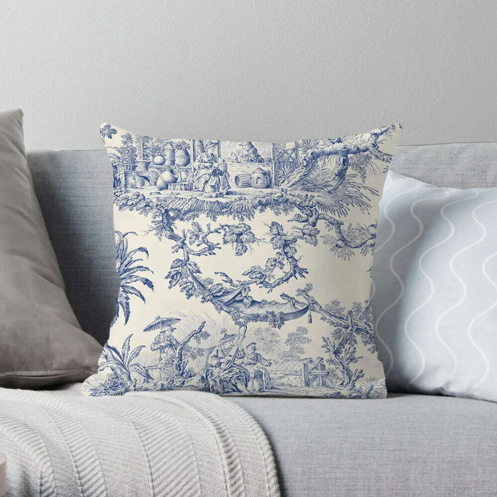 KIMLUD, Traditional Classic French Toile De Jouy Motif Design Pattern Navy Blue Elegant Retro Cushion Cover Home Decor Sofa Pillow Case, J 45X45CM / Plush Cover, KIMLUD APPAREL - Womens Clothes