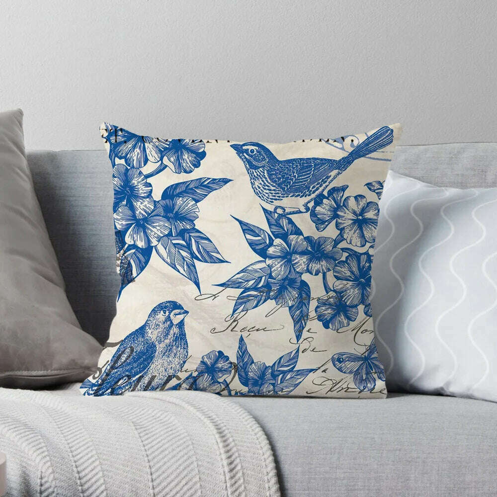 KIMLUD, Traditional Classic French Toile De Jouy Motif Design Pattern Navy Blue Elegant Retro Cushion Cover Home Decor Sofa Pillow Case, F 45X45CM / Plush Cover, KIMLUD APPAREL - Womens Clothes
