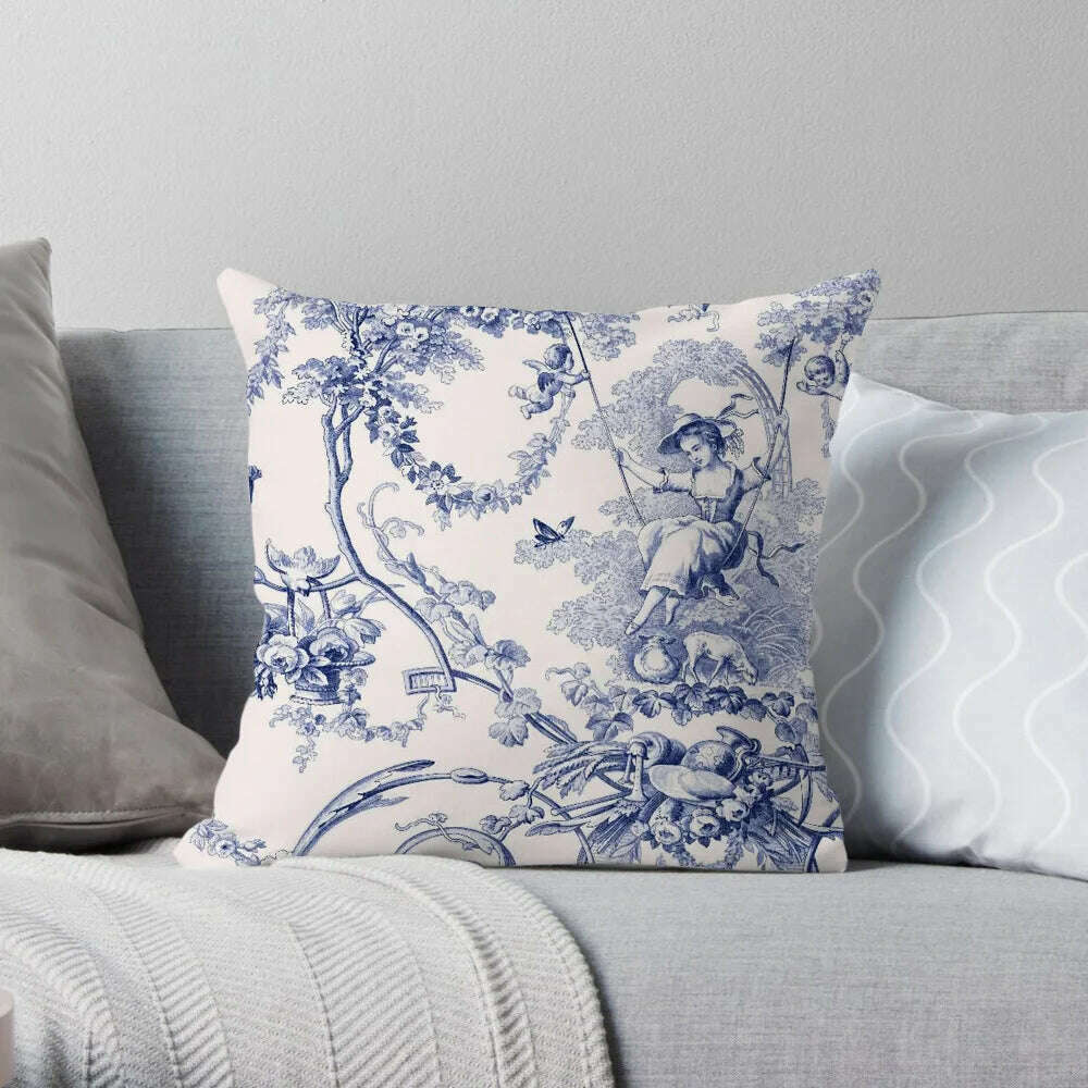 KIMLUD, Traditional Classic French Toile De Jouy Motif Design Pattern Navy Blue Elegant Retro Cushion Cover Home Decor Sofa Pillow Case, C 45X45CM / Plush Cover, KIMLUD APPAREL - Womens Clothes