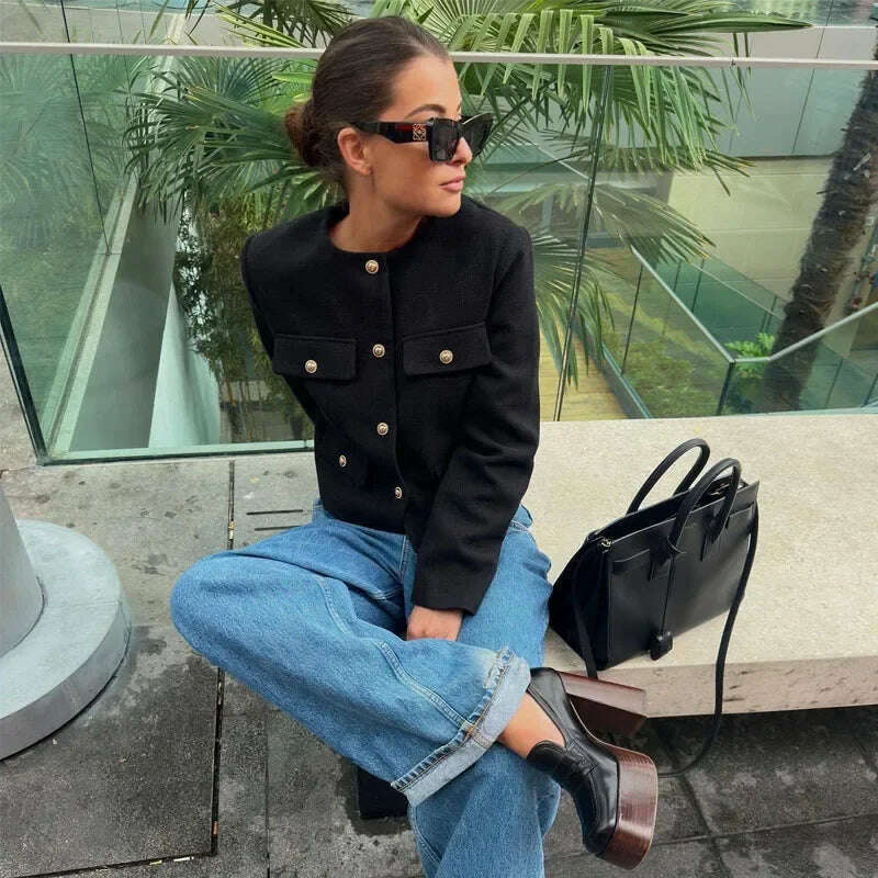 TRAF Autumn Cropped Jacket For Women Coat Winter Crop Jacket Tweed Round neck Long sleeved Demi-season Jacket Bomber Outerwears - KIMLUD