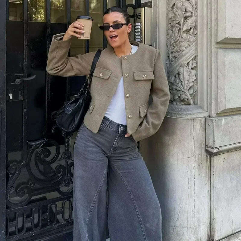 TRAF Autumn Cropped Jacket For Women Coat Winter Crop Jacket Tweed Round neck Long sleeved Demi-season Jacket Bomber Outerwears - KIMLUD