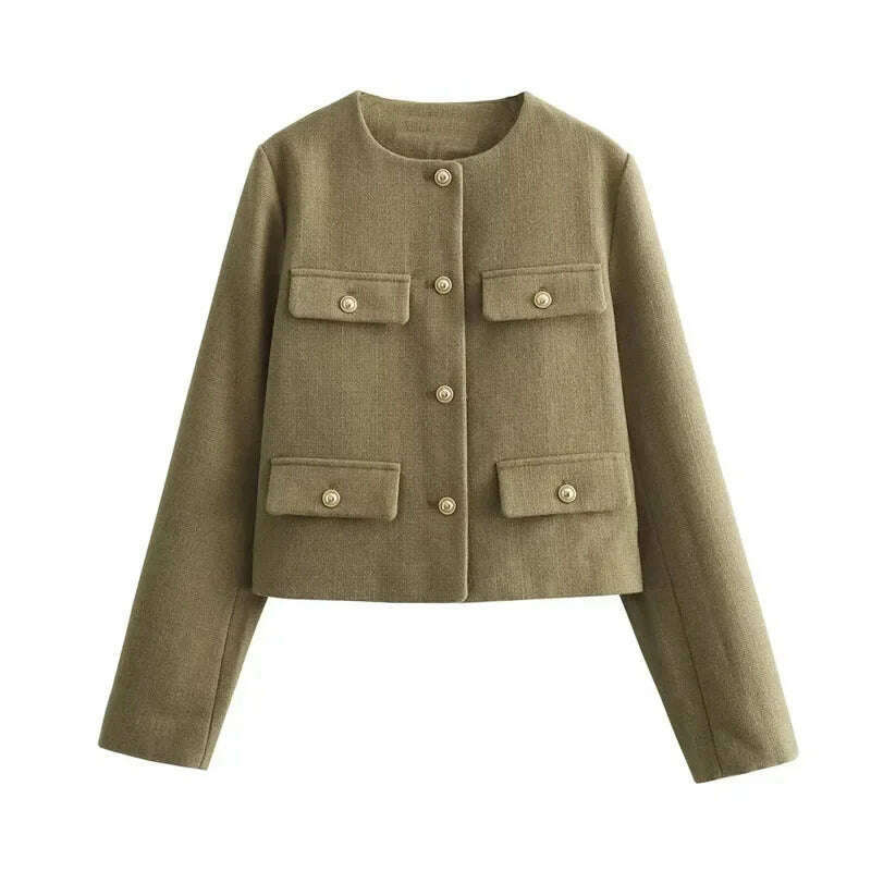 TRAF Autumn Cropped Jacket For Women Coat Winter Crop Jacket Tweed Round neck Long sleeved Demi-season Jacket Bomber Outerwears - KIMLUD