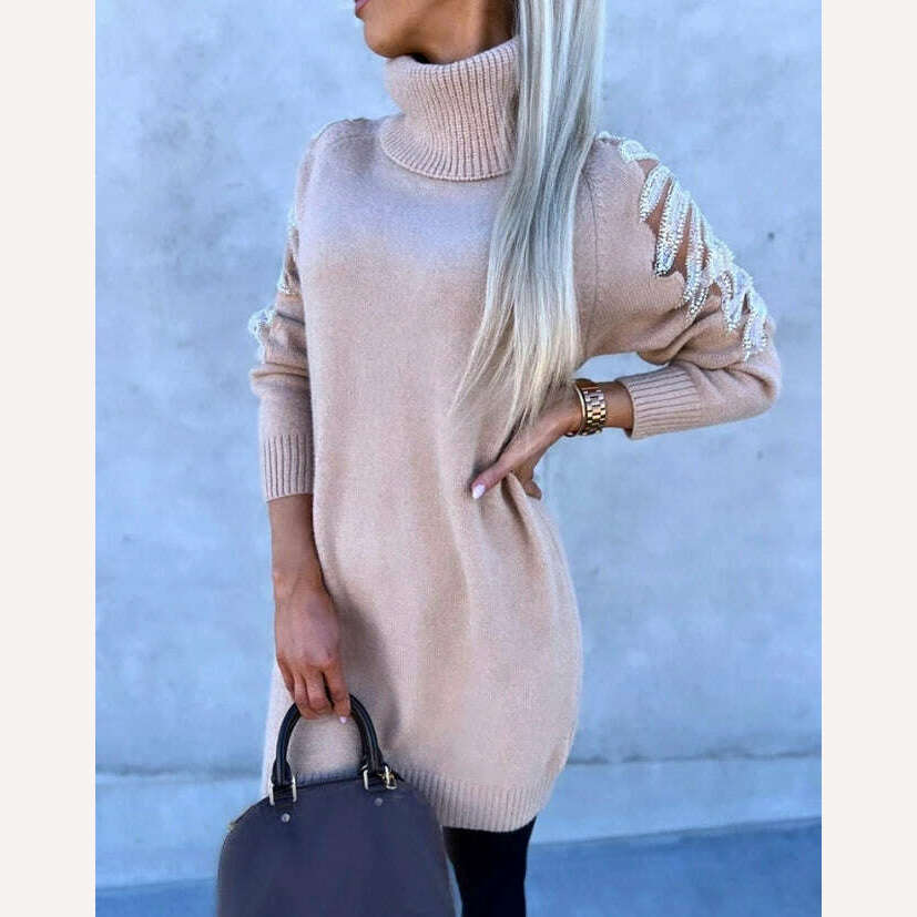 KIMLUD, Traf Women 2023 Winter High Collar Solid Commuter Top Wings Pattern Design Contrast Sequin Decoration Knit Sweater Dress, A / S, KIMLUD APPAREL - Womens Clothes