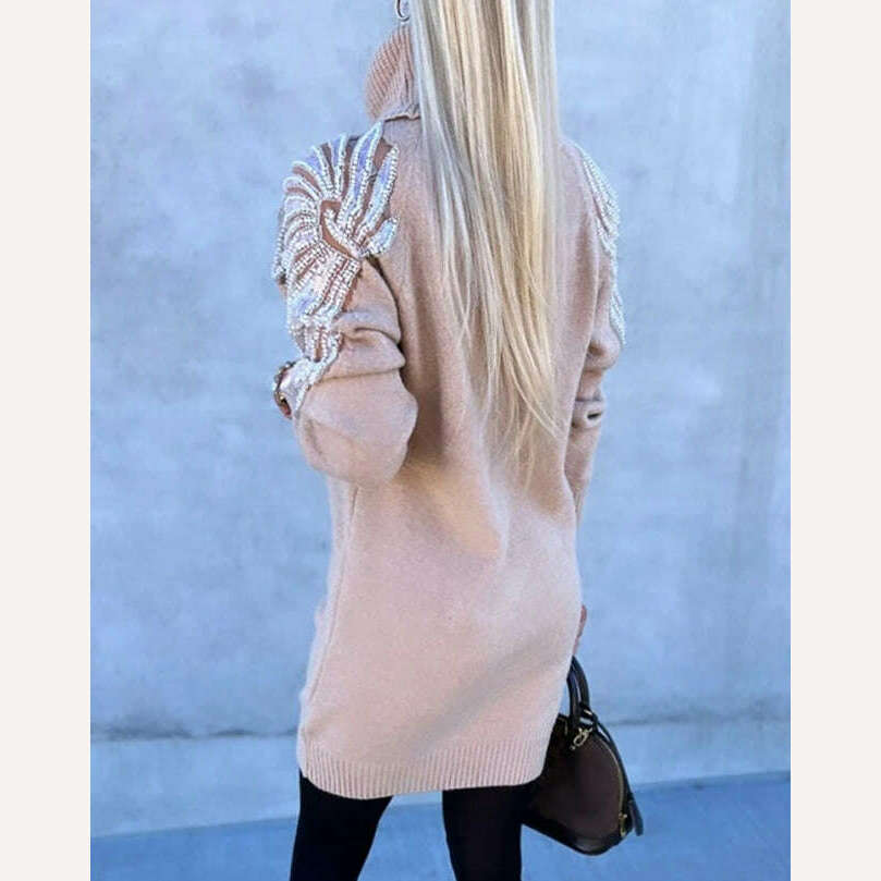 KIMLUD, Traf Women 2023 Winter High Collar Solid Commuter Top Wings Pattern Design Contrast Sequin Decoration Knit Sweater Dress, KIMLUD Womens Clothes