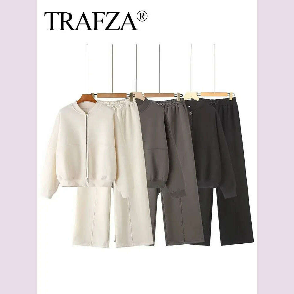 TRAFZA 2024 Autumn Women's Thick Hoodie Coat + Drawstring High Waist Loose Casual Pants Set Lined Fleece Woman's Clothing Street - KIMLUD