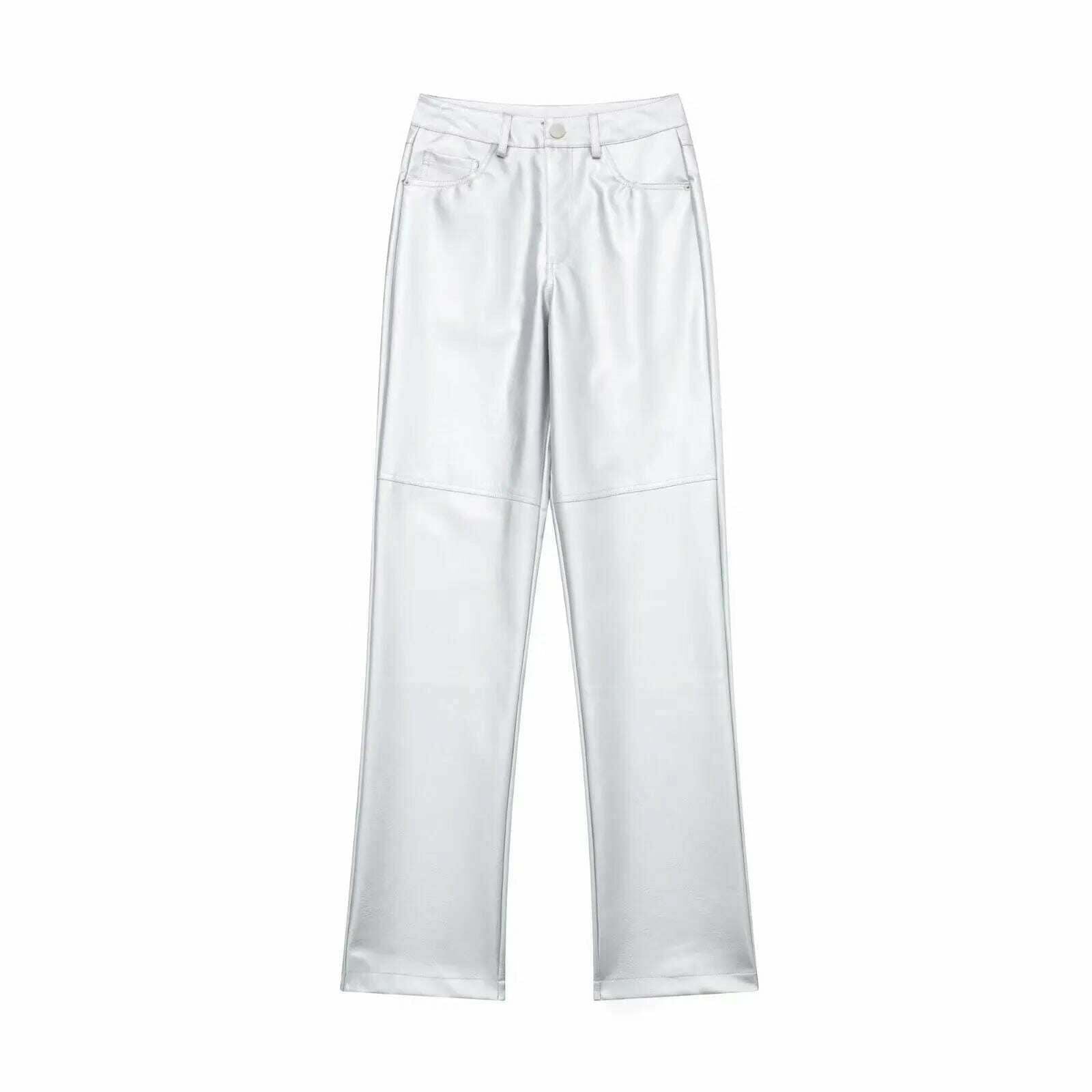 KIMLUD, TRAFZA Women New Fashion Silver HIgh Waist Pants Trousers Solid Wide Pant With Pocket Pant Elegant Casual Loose Woman Shiny Pant, Pant / XS, KIMLUD APPAREL - Womens Clothes