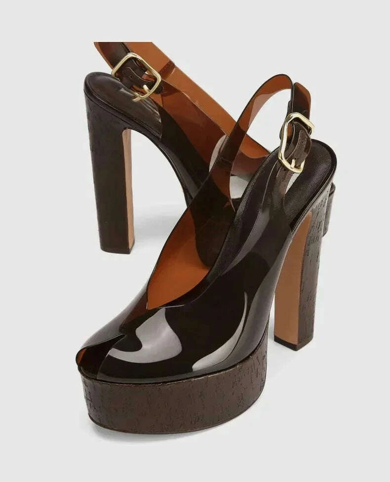 Transparent PVC Platform Heels Black Strappy | KIMLUD