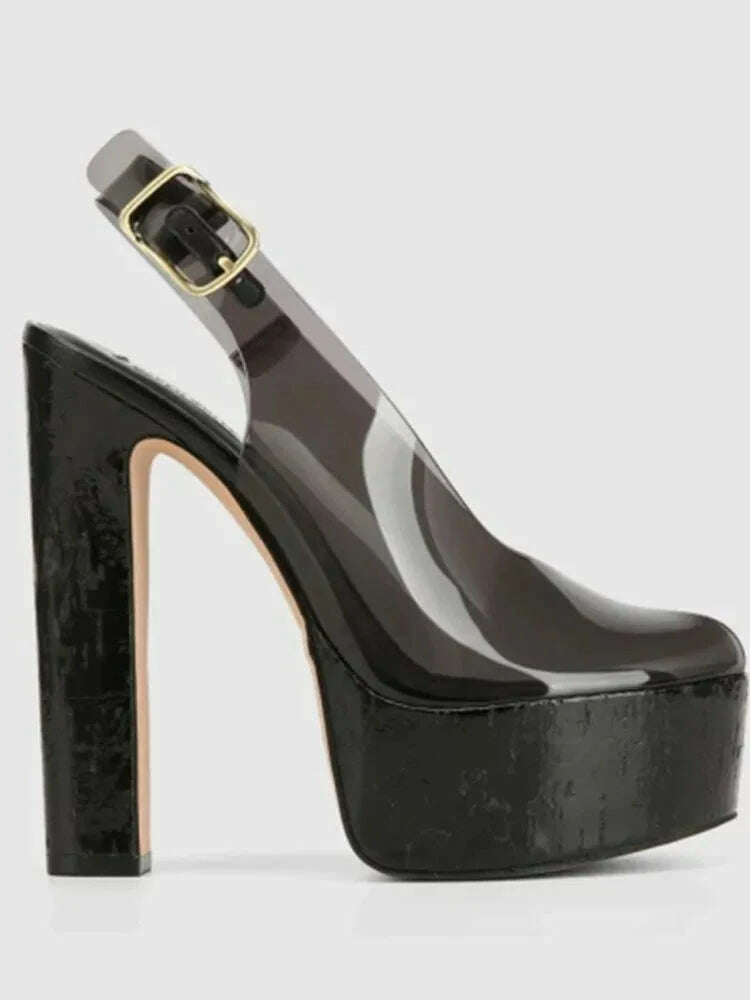 Transparent PVC Platform Heels Black Strappy | KIMLUD