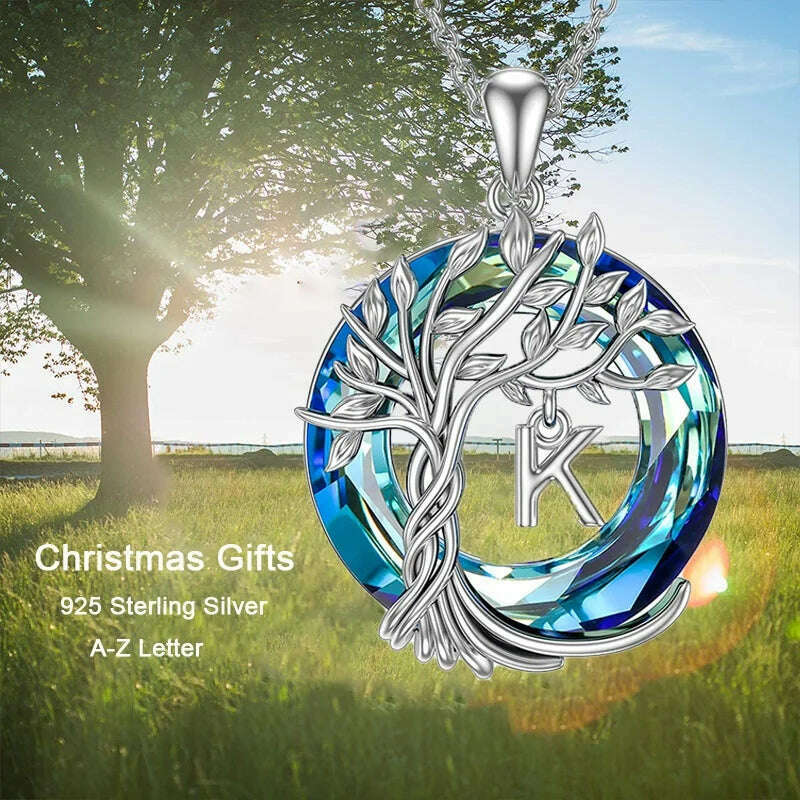Tree of Life Pendant with A-Z Initial Letter Blue Circle Crystal Name Necklace for Women Mother's Day Jewelry Gifts for Mom Wife - KIMLUD