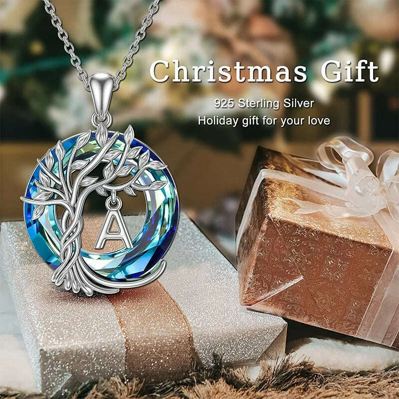 Tree of Life Pendant with A-Z Initial Letter Blue Circle Crystal Name Necklace for Women Mother's Day Jewelry Gifts for Mom Wife - KIMLUD