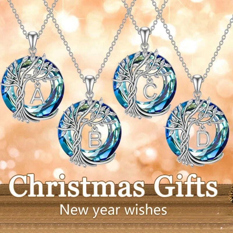 Tree of Life Pendant with A-Z Initial Letter Blue Circle Crystal Name Necklace for Women Mother's Day Jewelry Gifts for Mom Wife - KIMLUD