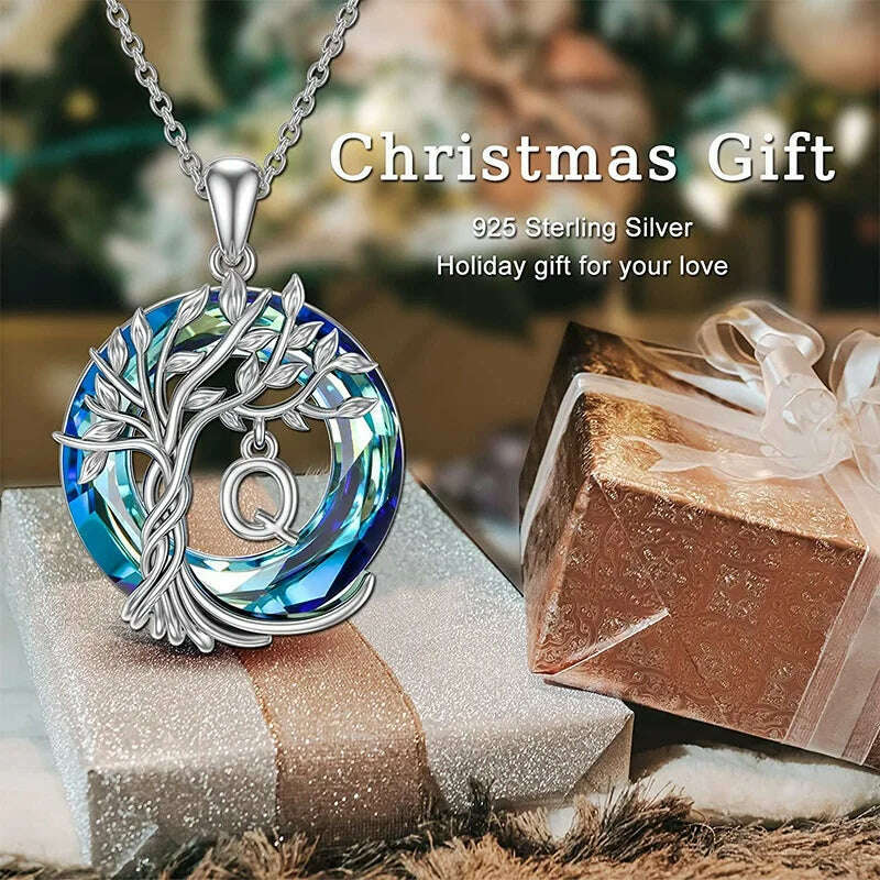 Tree of Life Pendant with A-Z Initial Letter Blue Circle Crystal Name Necklace for Women Mother's Day Jewelry Gifts for Mom Wife - KIMLUD