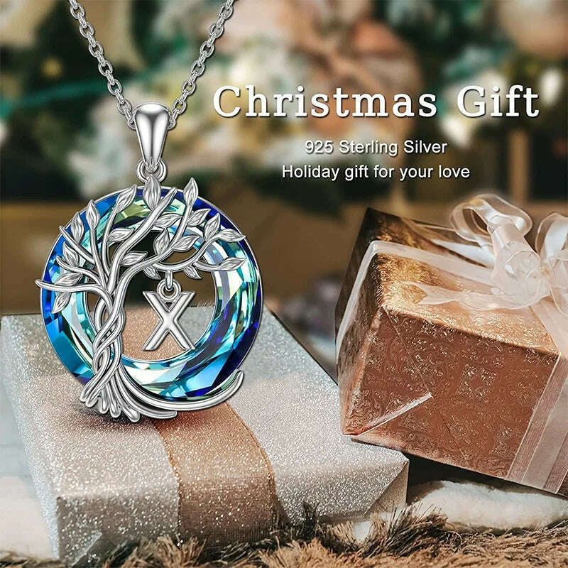 Tree of Life Pendant with A-Z Initial Letter Blue Circle Crystal Name Necklace for Women Mother's Day Jewelry Gifts for Mom Wife - KIMLUD