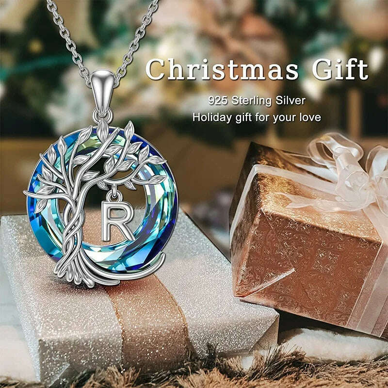 KIMLUD, Tree of Life Pendant with A-Z Initial Letter Blue Circle Crystal Name Necklace for Women Mother's Day Jewelry Gifts for Mom Wife, KIMLUD Womens Clothes