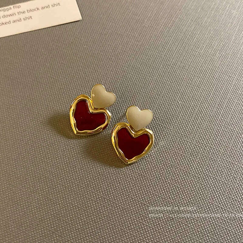 KIMLUD, Trendy Sweet Burgundy Enamel Heart Earrings for Women Girl Gold Color Metal Love Heart Hanging Dangle Earrings Vintage Jewelry, KIMLUD Womens Clothes