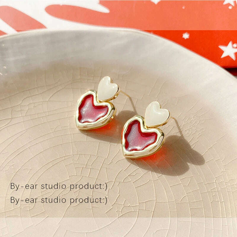 Trendy Sweet Burgundy Enamel Heart Earrings for Women Girl Gold Color Metal Love Heart Hanging Dangle Earrings Vintage Jewelry - KIMLUD