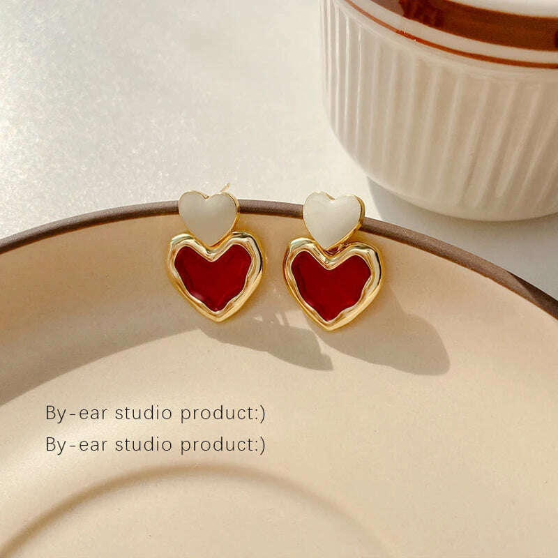 KIMLUD, Trendy Sweet Burgundy Enamel Heart Earrings for Women Girl Gold Color Metal Love Heart Hanging Dangle Earrings Vintage Jewelry, KIMLUD Womens Clothes