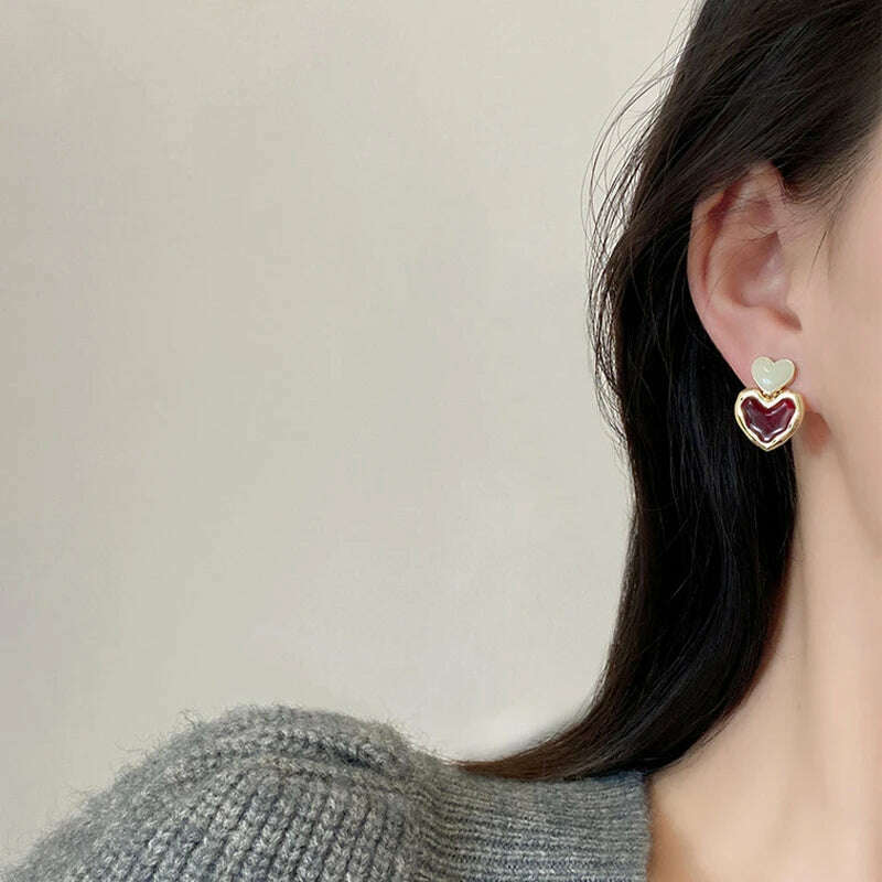 Trendy Sweet Burgundy Enamel Heart Earrings for Women Girl Gold Color Metal Love Heart Hanging Dangle Earrings Vintage Jewelry - KIMLUD