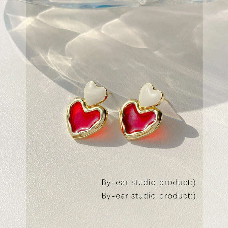 Trendy Sweet Burgundy Enamel Heart Earrings for Women Girl Gold Color Metal Love Heart Hanging Dangle Earrings Vintage Jewelry - KIMLUD