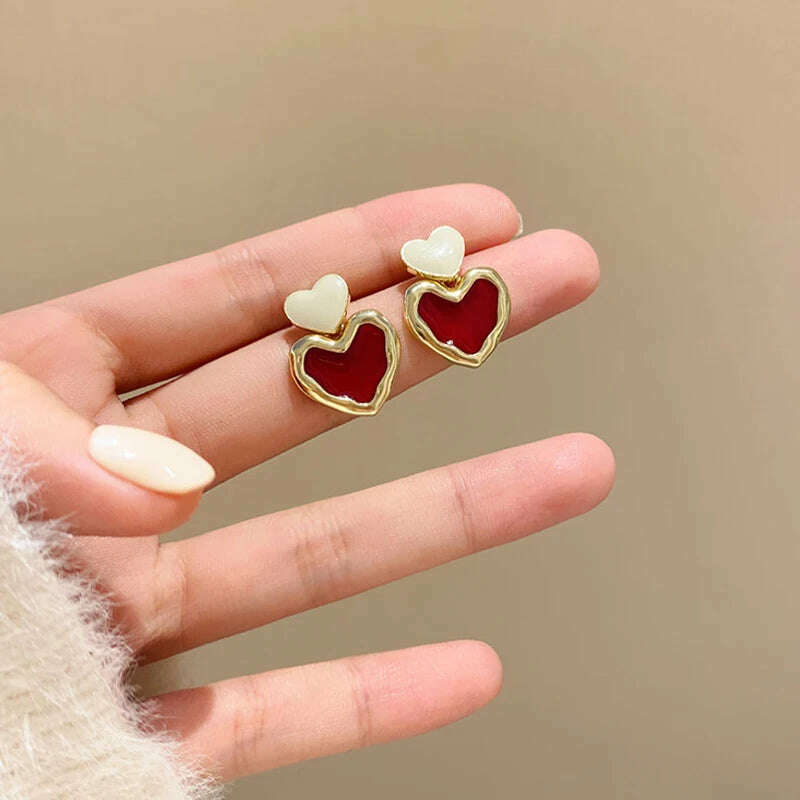 KIMLUD, Trendy Sweet Burgundy Enamel Heart Earrings for Women Girl Gold Color Metal Love Heart Hanging Dangle Earrings Vintage Jewelry, KIMLUD Womens Clothes