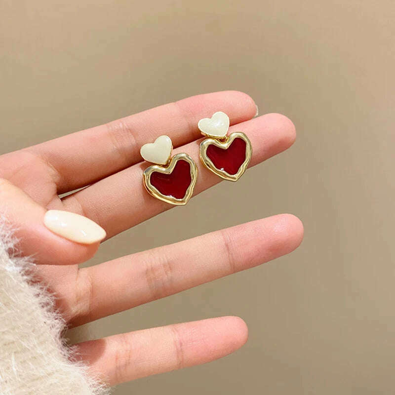 Trendy Sweet Burgundy Enamel Heart Earrings for Women Girl Gold Color Metal Love Heart Hanging Dangle Earrings Vintage Jewelry - KIMLUD