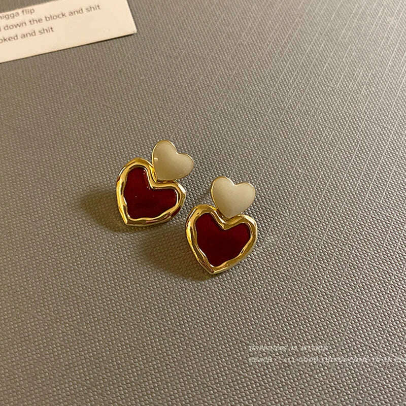 Trendy Sweet Burgundy Enamel Heart Earrings for Women Girl Gold Color Metal Love Heart Hanging Dangle Earrings Vintage Jewelry - KIMLUD