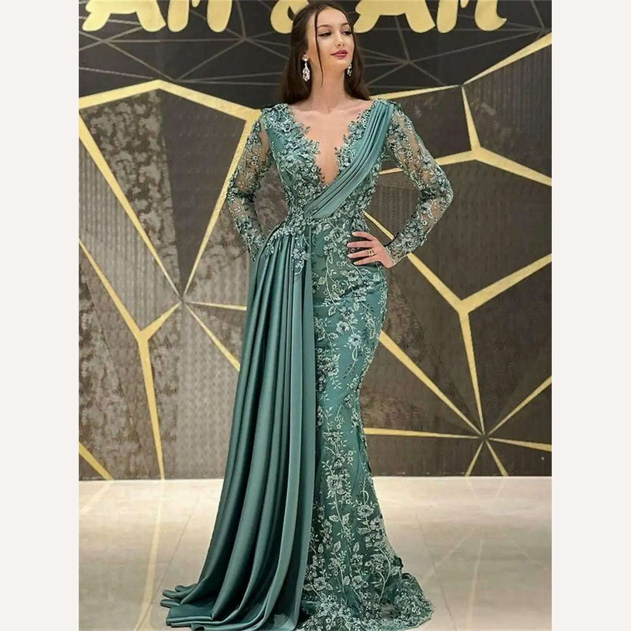 Trumpet/Mermaid Glamorous Evening Prom Dress V-Neck Party Ruffle Applique Stain Ruched Long Sleeve Floor-Length Princess Ladies - KIMLUD