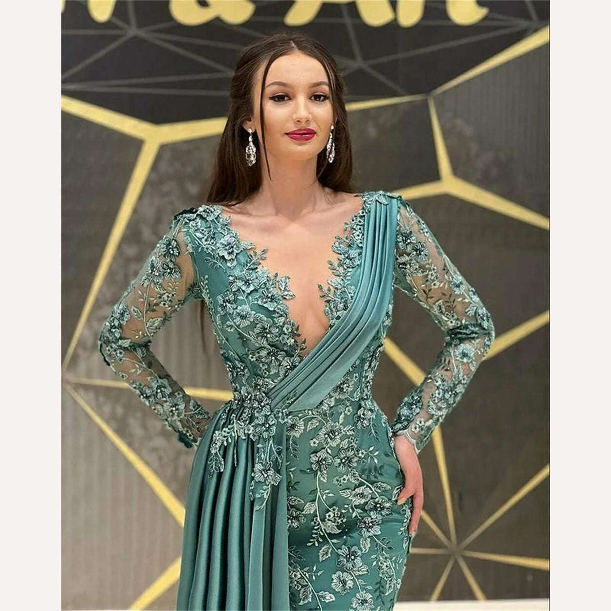 Trumpet/Mermaid Glamorous Evening Prom Dress V-Neck Party Ruffle Applique Stain Ruched Long Sleeve Floor-Length Princess Ladies - KIMLUD