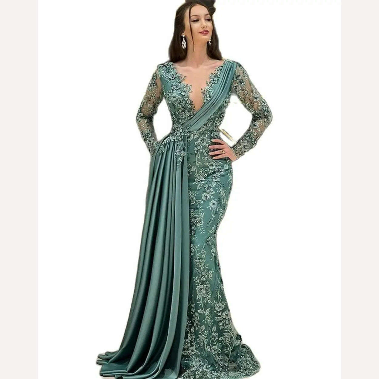 Trumpet/Mermaid Glamorous Evening Prom Dress V-Neck Party Ruffle Applique Stain Ruched Long Sleeve Floor-Length Princess Ladies - KIMLUD