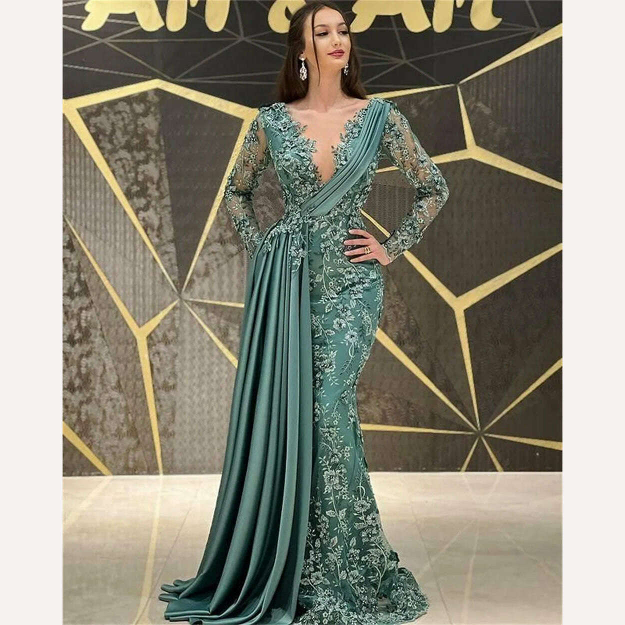 Trumpet/Mermaid Glamorous Evening Prom Dress V-Neck Party Ruffle Applique Stain Ruched Long Sleeve Floor-Length Princess Ladies - KIMLUD